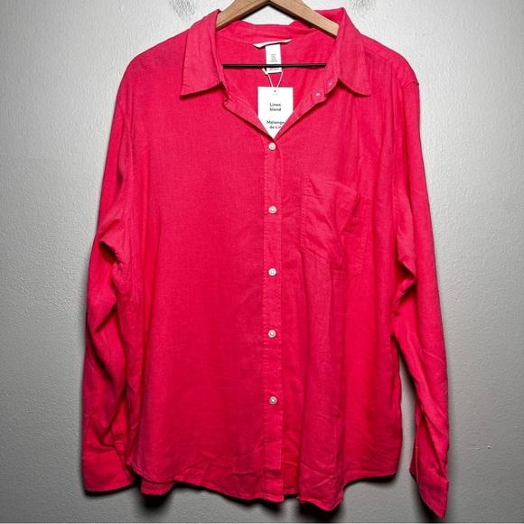 NEW H&M Women Linen Top XL Hot Pink Summer Coastal Lagenlook Button‎ Up Resort - Picture 1 of 10